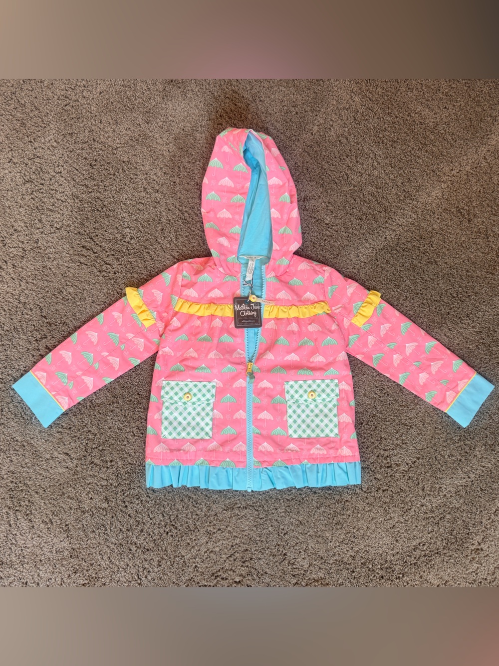 Matilda Jane Pink & Aqua Umbrella Hooded Jacket with Yellow Ruffle